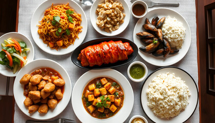 set of caribbean dishes on a table. with white shades