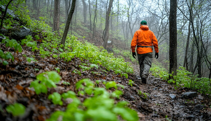 Naklejka premium Hiker on a forest trail in spring