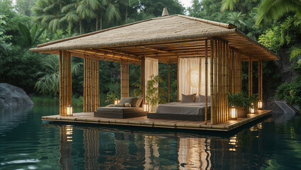Tropical bamboo pavilion over water with bed lounger and lush greenery