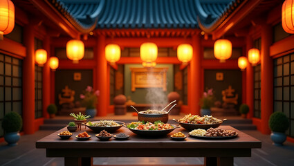 Vibrant Traditional Dishes and Incense Sticks on Ornate Ancestral Altar at Dusk During Obon Festival - Captivating Photo Stock Concept with Lanterns and Empty Space for Text