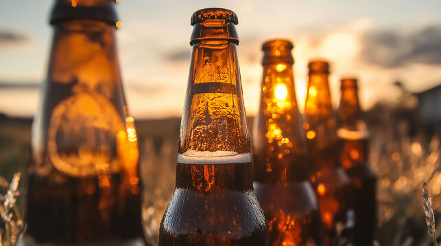 Close-up of beer bottles glowing in sunset light – summer evening, celebration, and refreshing outdoor gathering vibe