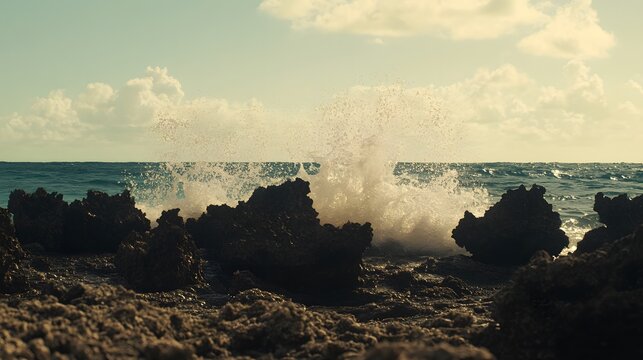 Ocean waves crashing on rocky shore at sunrise