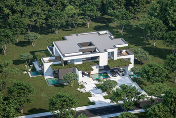 3d rendering of two-story house with parking and pool for sale or rent with concrete facade and beautiful landscaping on background. Clear sunny summer day with blue sky.