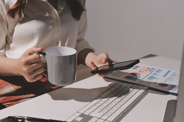 Expert woman asian female people review data number costing managerial account prepare monthly...