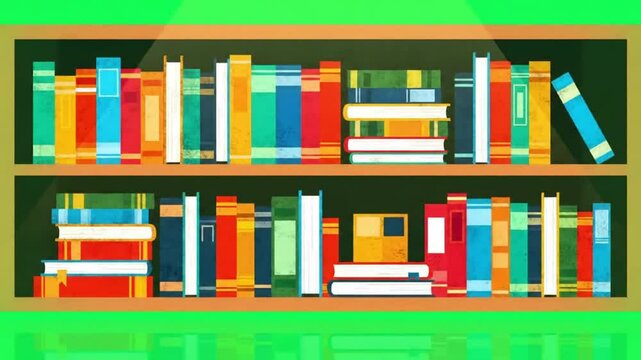 Colorful Bookshelf Illustration: A vibrant display of literature and knowledge, showcasing a diverse collection of books on wooden shelves against a green backdrop.