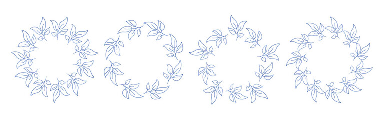 Fototapeta premium Mediterranean blue branches circular frame set. Minimal hand drawn design with leaves. Ideal for wedding invitations, cards, logos, and posters.