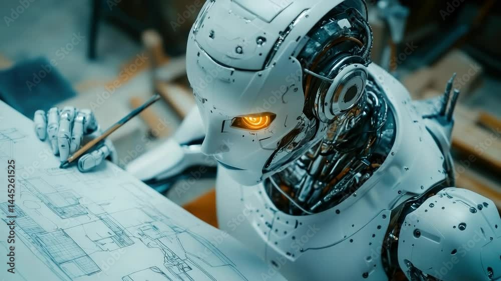 Poster advanced futuristic robot working on architectural blueprints at a construction site, demonstrating 