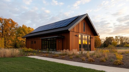 Fototapeta premium Sustainable Modern Barn with Solar Panels at Sunset