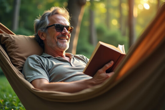 Concentrated dreamy old senior elderly caucasian grandfather man relaxing resting in hammock while reading book outdoors in park garden forest. AI