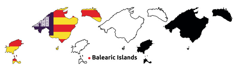 Balearic Islands Map Vector - Country Outline, Flag Inside Map, Blank and Silhouette Version