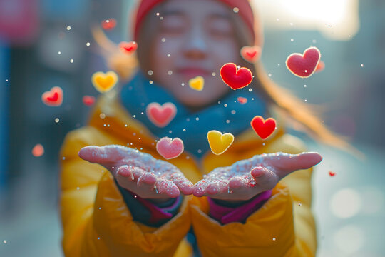 On Valentine's Day, social medibeautiful users express their love by sending and receiving likes in vibrant form of heart emojis, symbolizing hearts falling into vibrant palms of hands, accompanied by - Powered by Adobe