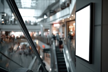 Blank advertisement display in a mall near an escalator with a blurred background.
