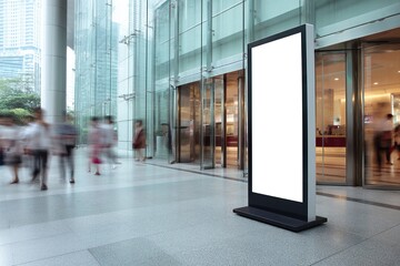 Blank sign in a modern building lobby with people walking in background, bright light.