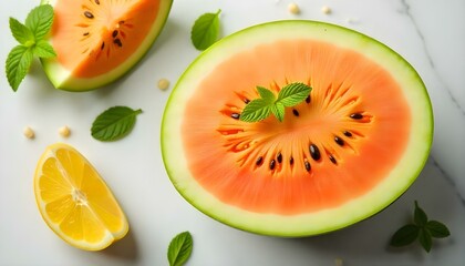 top view of cut delicious exotic yellow watermelon with seeds on marble surface with mint and ice