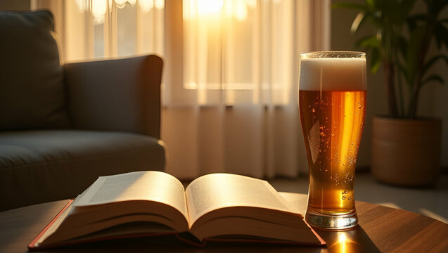 Calm contemplative beer scene showcasing elegant glass positioned beside open book cozy chair afternoon sun rays emphasizing leisure reflective mood in  Photo Stock  Concept  and empty space on the le