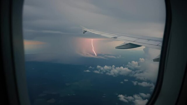 Aviation spectacle: A daring aerial perspective of a powerful lightning strike during flight