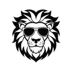 Black and white art drawing of a lion head wearing oversized sunglasses.eps