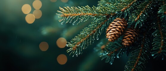 Dew-kissed pine branch with two cones, bokeh background