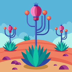 Fototapeta premium A cartoon illustration of a vibrant poppy plant growing in a dry desert landscape.