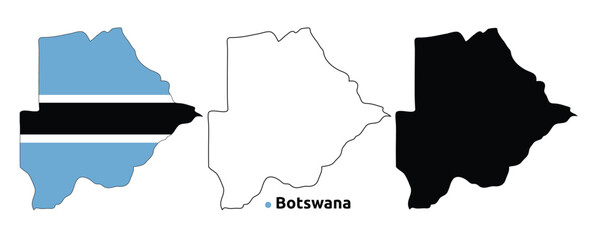 Botswana Map Vector - Country Outline, Flag Inside Map, Blank and Silhouette Version