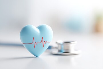 Blue heart crossed by red ECG line with stethoscope touch on white background, blood pressure monitoring, cardiology health awareness, minimal medical concept, Selective Focus.