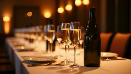Elegant corporate celebration setup featuring a row of champagne flutes and beer bottles on a banquet table, warm ambient lighting, and empty space for text.
