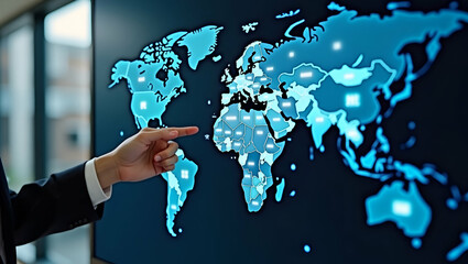 Global trade analysts evaluating trade imbalance metrics on interactive touchscreen world map charting import export disparities between major economies in  Photo Stock  Concept  and empty space on th