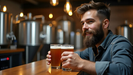 Bearded Man Savoring Craft Beer at Rustic Bar Counter with Brewery Equipment - Authentic Tasting Experience with Empty Space for Text