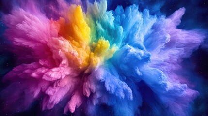 Fototapeta premium Vibrant rainbow colored powder explosion bursts dynamically against a dark blue background.