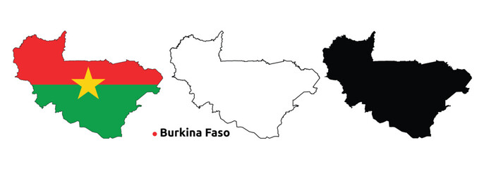Burkina Faso Map Vector - Country Outline, Flag Inside Map, Blank and Silhouette Version