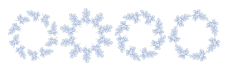 Mediterranean blue branches circular frame set. Minimal hand drawn design with leaves. Ideal for wedding invitations, cards, logos, and posters.