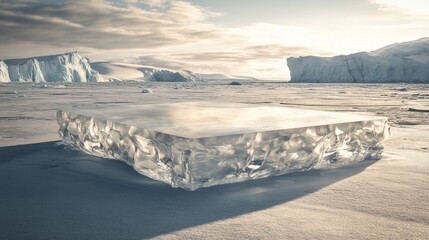Large Clear Ice Cube on a Polar Landscape