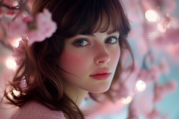 Pretty caucasian young woman surrounded by cherry blossoms. Commercial ad campaign idea. Spring mood, dark night and warm mystic light - complementary lighting. Lively woman in spring garden.