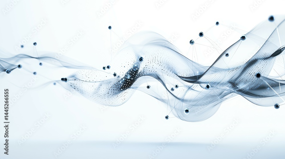 Poster abstract visual of flowing waves with interconnected nodes in a cool color palette.