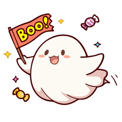 Cute happy ghost flying with Boo sign, candies flying around, Halloween trick or treat concept, doodle cartoon character, kawaii isolated cute clean and simple vector illustration