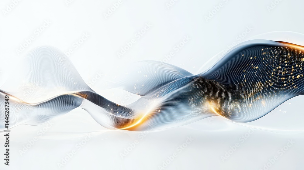 Poster abstract flowing wave design with blue and gold hues creating a dynamic visual effect.