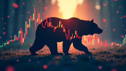 Stylized Bear Market Concept: Creative Stock Photo Featuring Bear Silhouette Overlaid on Stock Price Decline with Transparent Background and Empty Space for Custom Text