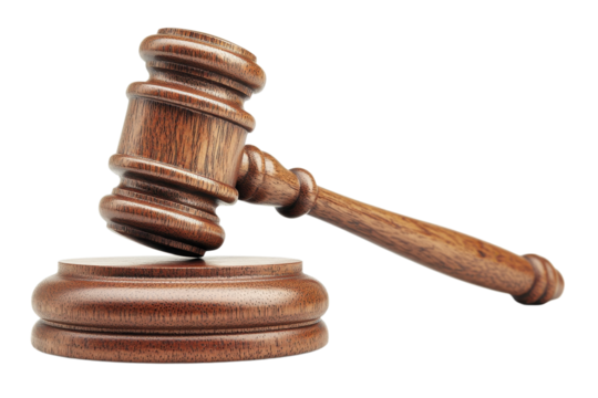 Brown Wooden Gavel Auction Justice Law Legal Symbol Court Judge Hammer Rule Power Order Trial Lawful on transparent background