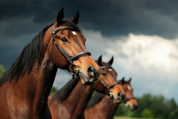 Three Horses Under Stormy Sky