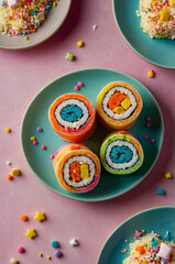 Fototapeta premium Colorful candy sushi rolls on pastel background..