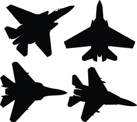 Black and White Fighter Jet Silhouettes – Top-Down Vector Illustration of Military Aircraft in Symmetrical Formation with Minimalist Design and Bold Aerodynamic Shapes