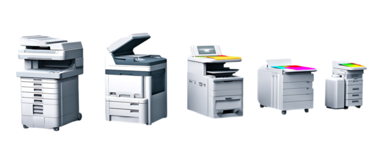 Set of Printers in Five Different Poses on Transparent Background for Tech Branding, Office Catalogs, or E-Commerce Design
