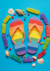 colorful flip flops on white background, red, candy, colorful, bright, blue, 