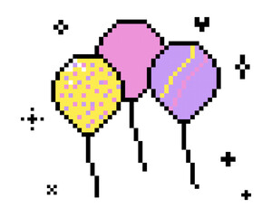 Y2k inspired bunch of balloons icon in pixel art. Festive balon with thread. Game abstract sticker for poster, collage, party and birthday card. Vector illustration. Game abstract event decor element © Mariia
