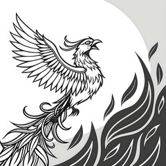 Obraz premium Black Vector Mythical Phoenix Rising from Flames, Intricate Feather Line Work