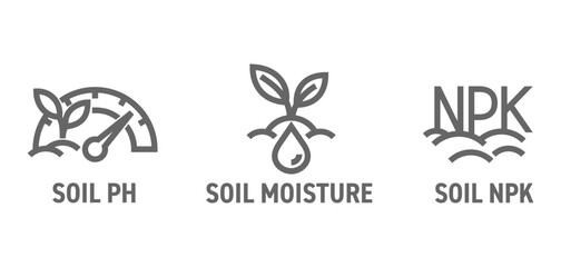 Soil quality sensors icons - Soil pH, moisture, NPK proportions. bold line