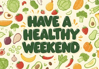Obraz premium Have a Healthy Weekend Poster Vegetables and Fruits, Food Illustration, Healthy Lifestyle Design.