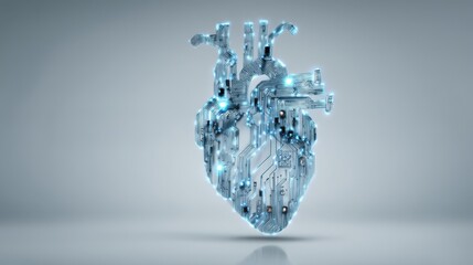 Futuristic 3D-rendered human heart constructed from glowing digital circuits, symbolizing medical technology, AI, and innovation in healthcare.
