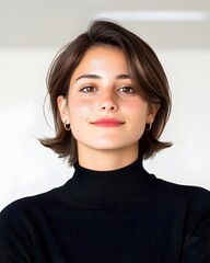 A young woman with short brown hair, wearing a black turtleneck sweater and gold hoop earrings, smiles subtly at the camera