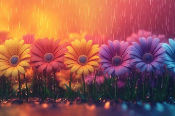 Colorful Flowers in Rain with Soft Background and Warm Light Tones